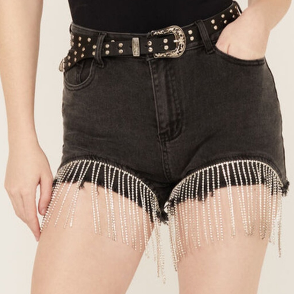 Blue B Mid Rise Rhinestone Fringe Shorts